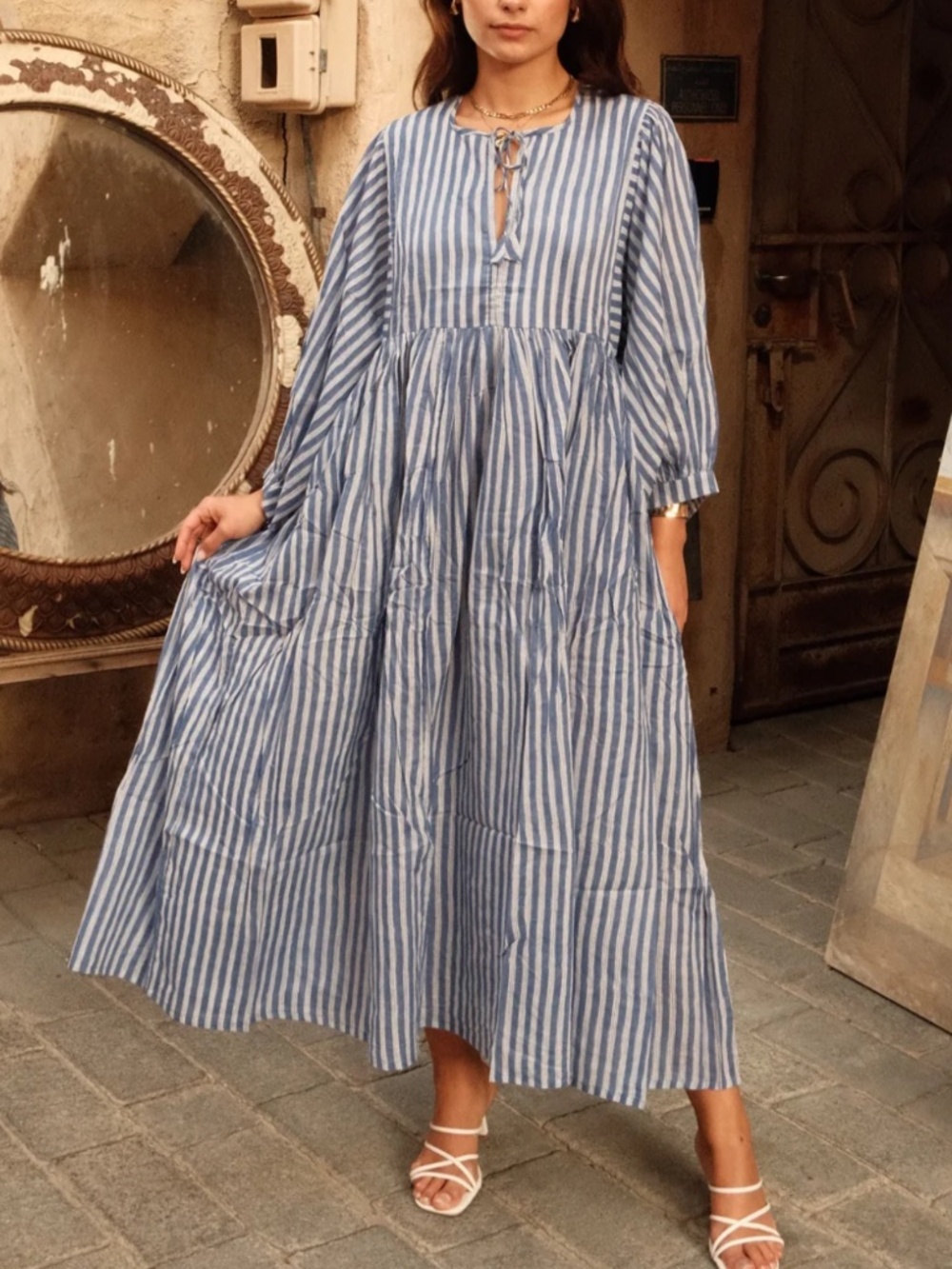 House of Sundar Tara Striped Cotton Midi Dress XXL Relaxed Flowy Casual Coastal